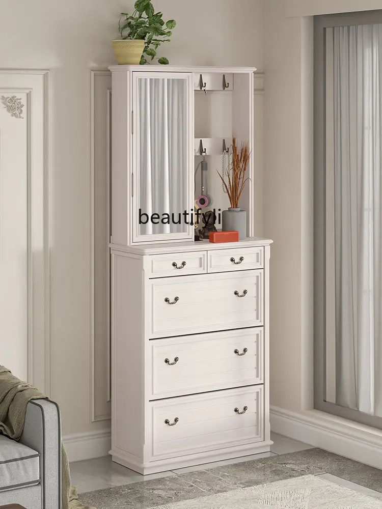 

Pure Solid Wood American Retro Entrance with Coat Rack Hanger Mirror Flip Shoe Cabinet