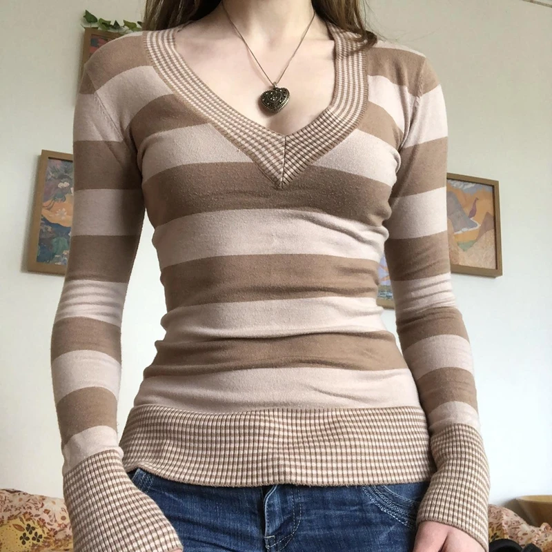 Striped V-Neck Long Sleeve Knit Top main image 0