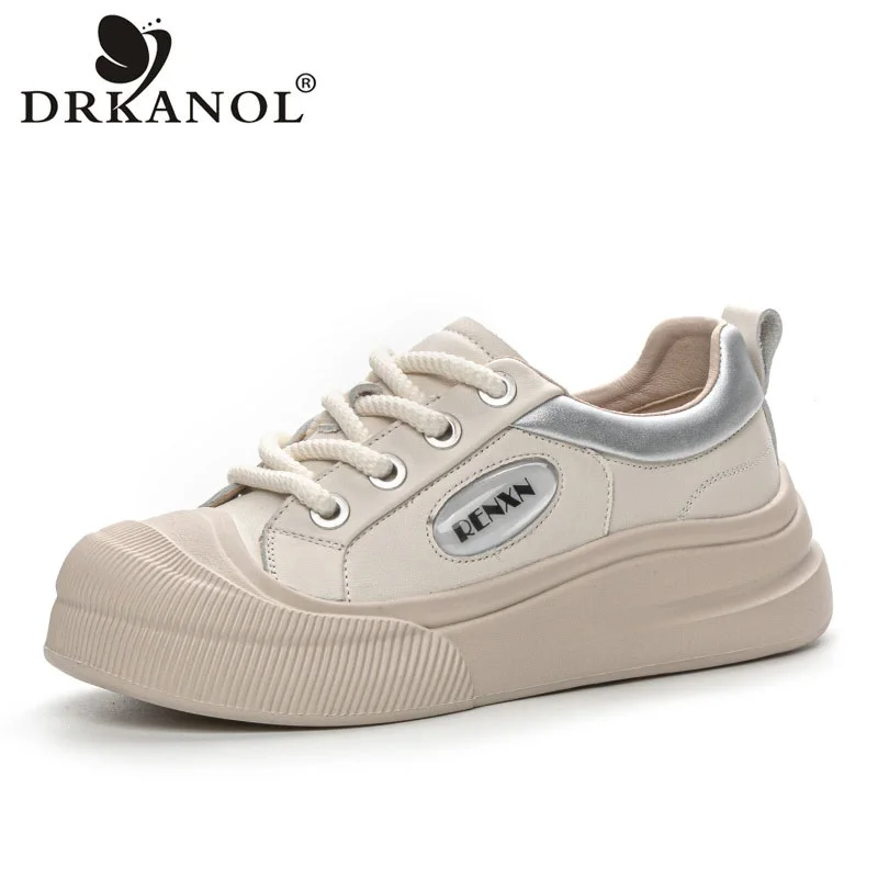 

DRKANOL 2024 Women Genuine Leather Flat Platform Shoes Academic Style Lace-Up Round Toe Student Lightweight Casual Sneakers