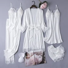 

Sexy Lace Satin Robe Gown Sets Womens 5PCS Nighty Bathrobe Nightgown Sleep Suit Spring Sleepwear Home Kimono Intimate Lingerie