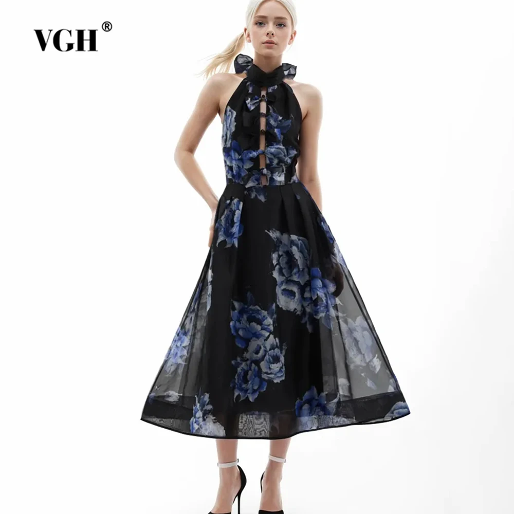 

VGH Hit Color Printing Patchwork Lace Up Dress For Women Halter Sleeveless Backless High Waist Spliced Bowknot Dresses Female