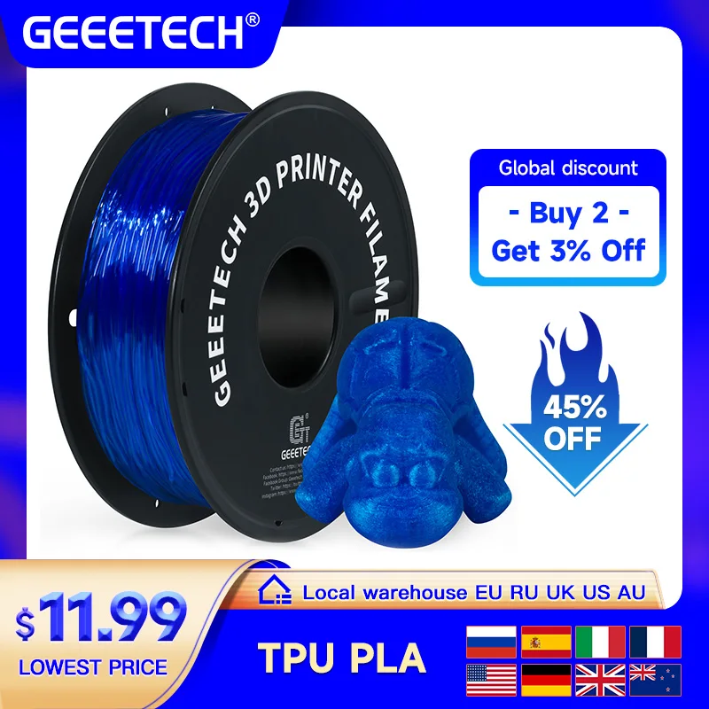Geeetech-tpu 3d Impressora Flexível Filamento Material Plástico Embalagens a Vácuo Dureza Shore Não-tóxico 95a 1kg 2.2lbs Spool 175 Milímetros