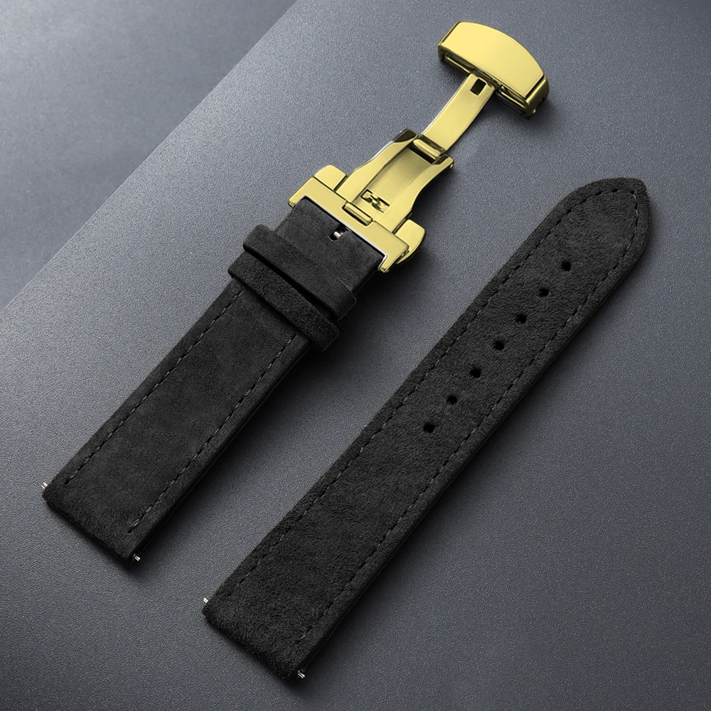 Vintage Suede Cowhide Watch Strap with Butterfly Buckle Bracelet - Sport Wristband