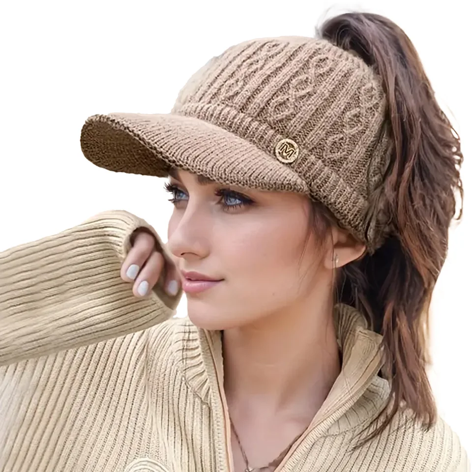 Womens Rabbit Fur Knit Ponytail Sun Hat