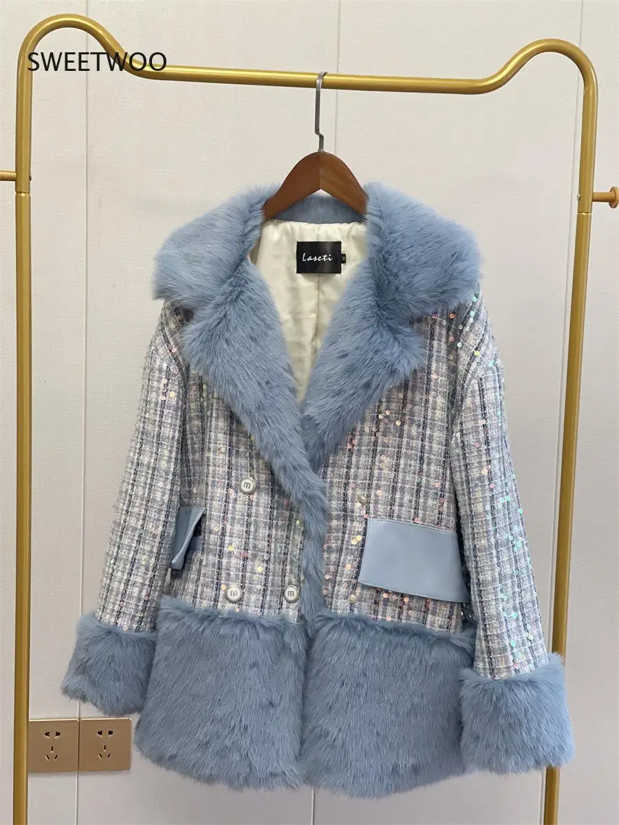 2022 Winter New Women's Fashion Sequined Woolen Blended Faux Fur Coat Long-Sleeved Loose Coat Women Streetwear