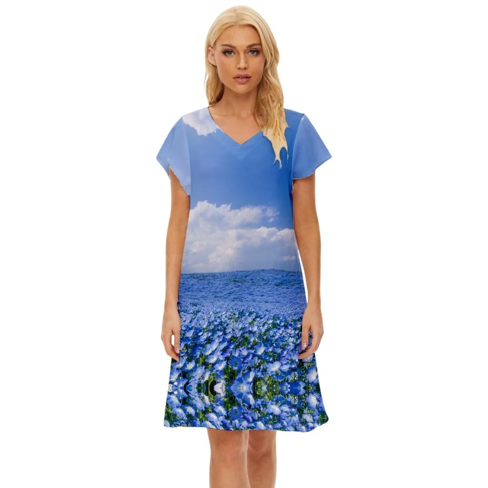 

Женское пляжное платье-трапеция с цветочным принтом и V-образным вырезом