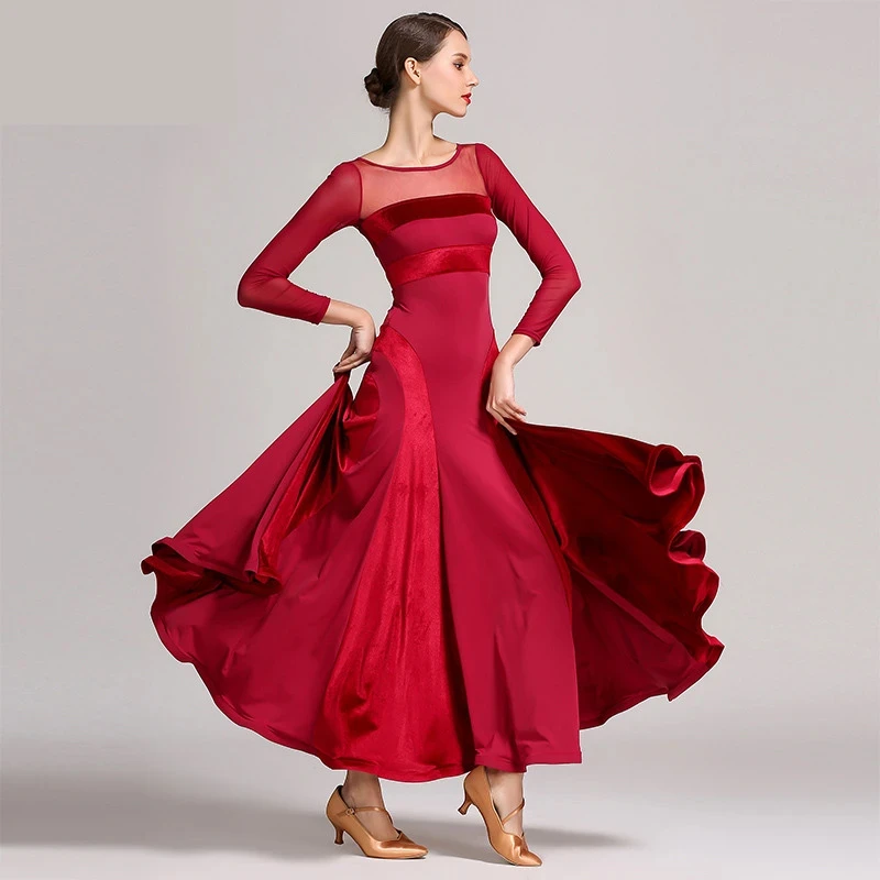 Red women ballroom dance dress waltz fringe flamenco modern costumes