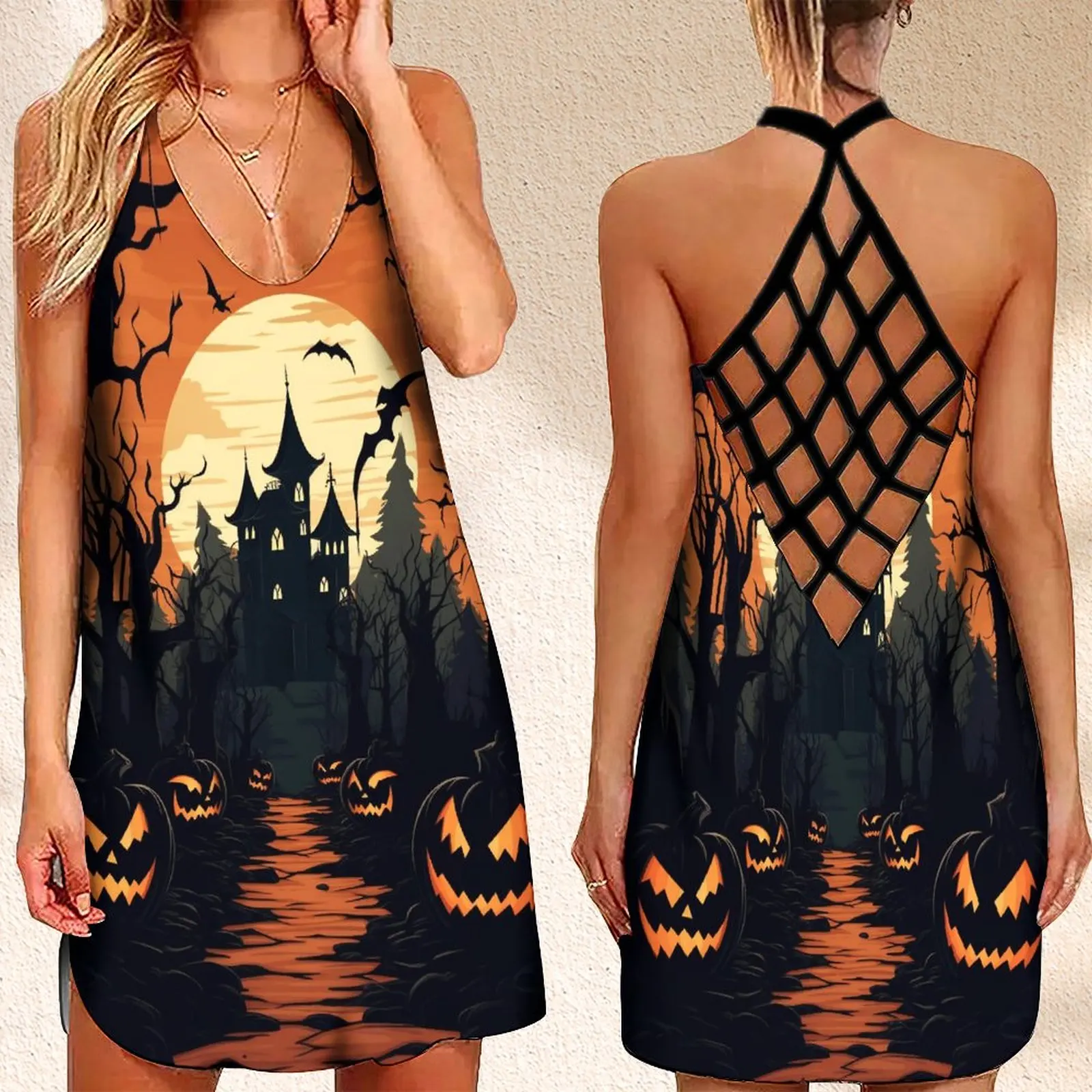 

New Women's Criss Cross Backless Sleeveless Dress SummerHalloween Bats Print Dresses For Women
