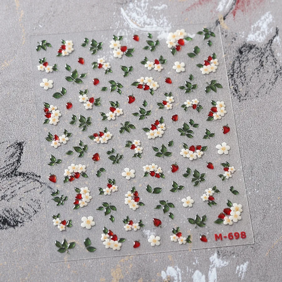 1개 5D 젤리 화이트 릴리 레드 스트로베리 네일 아트 스티커 모란 장미 동백 엠보싱 네일 데칼 섬세한 네일 아트 장식
