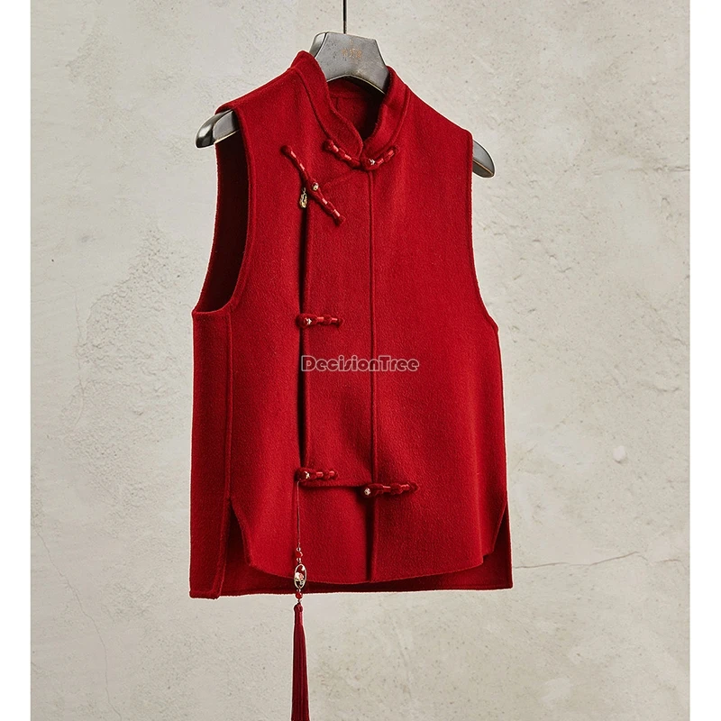 new chinese style red suit autumn winter vintage woolen vest chinese new year's stand collar tang suit cheongsam vest t001
