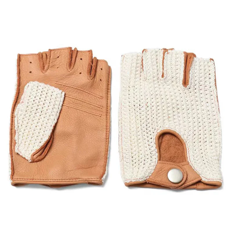 

Men Air Soft Deerskin Leather Gloves Male Locomotive Upper Knitted Outdoor Cycling Riding Fingerless Luvas Unlined Gym Guantes