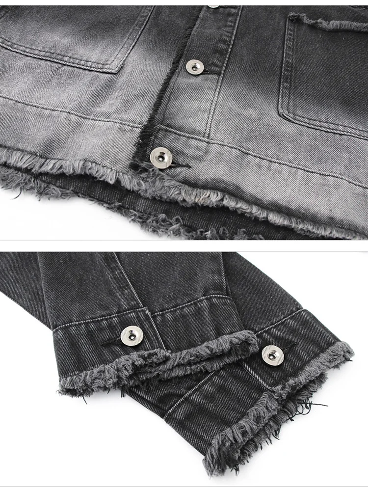 Niche Washed Raw Edge Denim Jacket Men's Gradient Color Trendy Retro Short Loose Coats Youth American Broad Shoulder Streetwear