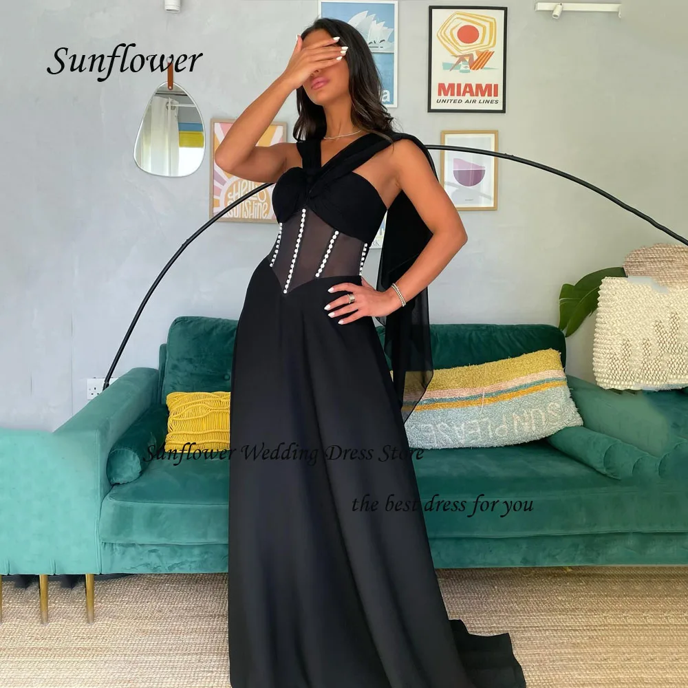 

Sunflower Black Strapless Evening Dress 2023 Slim A-LINE Beading Chiffon Prom dress Bow Floor-Length Party Dress Princess Dress