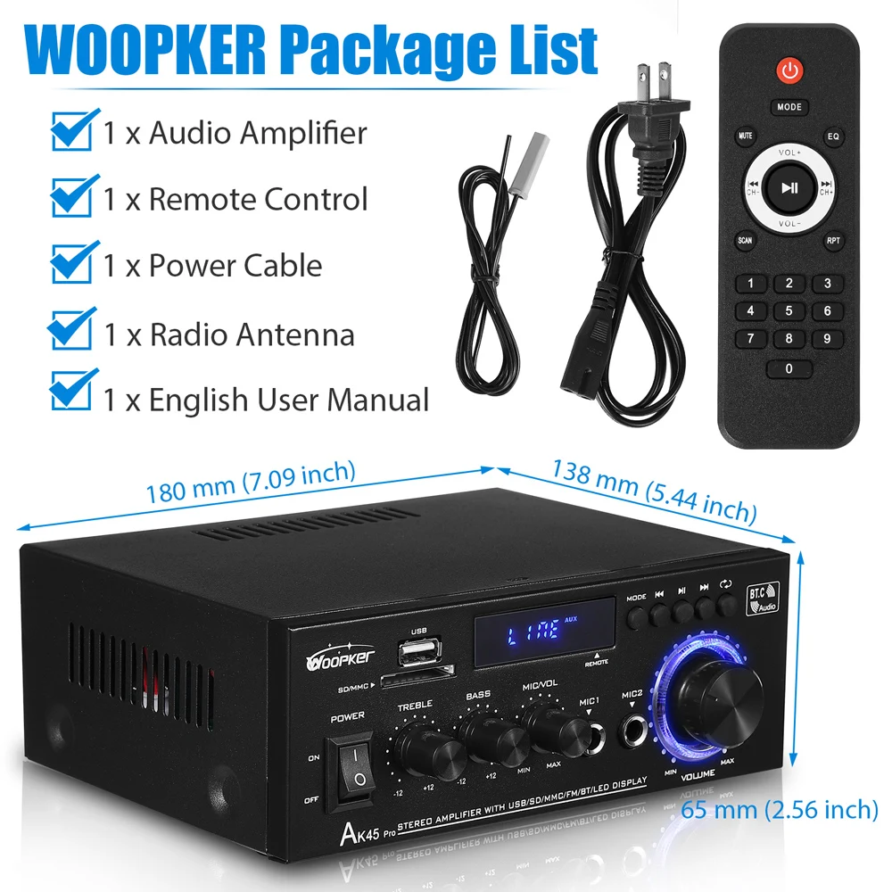AK45 Mini Bluetooth Versterker - 2x 40W, FM Radio, SD/USB, Voor Thuis, Auto Of Karaoke