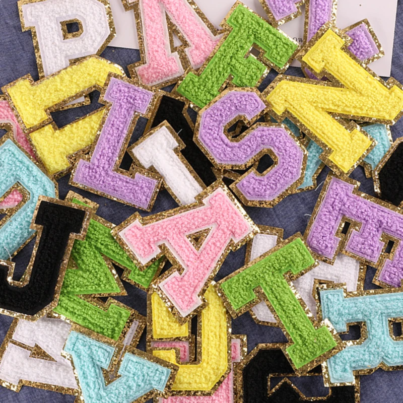 26 Letter Set of Black Iron On Varsity Letter Patches - Full Alphabet -  Small 5.5 cm Chenille with Gold Glitter