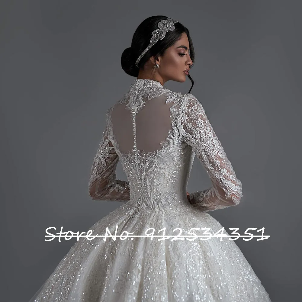 O-Neck Pearls Back Long Sleeve Beaded Appliques Shiny Sequins Lace Princess Ball Gown Wedding Dress Vestido De Novia