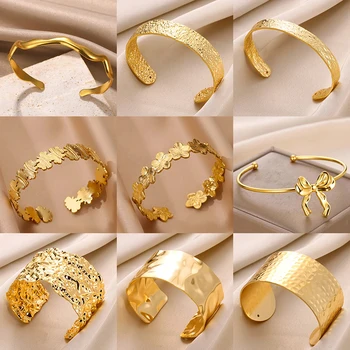 Vintage Flower Cuff Bracelet Bangle for Women Gold Color Flora Stainless Steel Bangles Casting Aesthetic Couple Wrist Jewelry 1