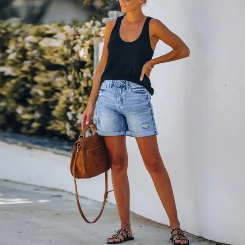 Women Clothing Casual Loose Elastic High Waist Wide Leg Straight Short Jeans Streetwear 2023 Summer Plus Size Denim Shorts