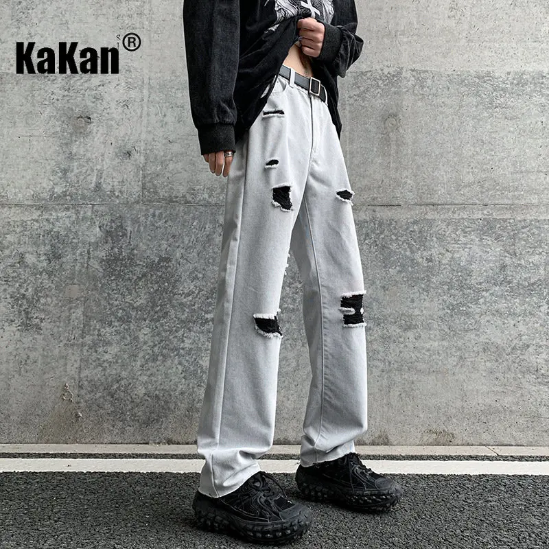 Kakan - European and American Spring and Summer New High Street Distressed Jeans Men's Wear, Straight Loose Casual Jeans24-M5808