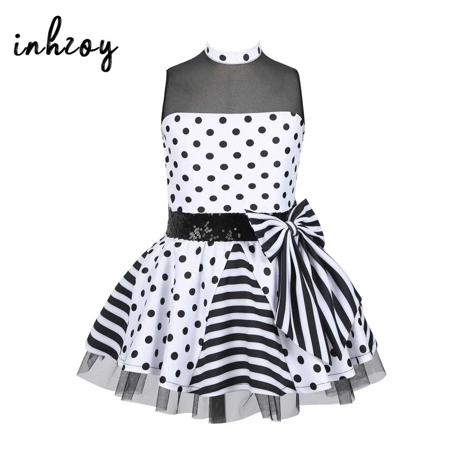 

Girls Ballet Tutu Costume Polka Dots Jazz Latin Dance Dress Mesh Splice Sequin Bowknot Gymnastics Leotards Ice Skating Dresses