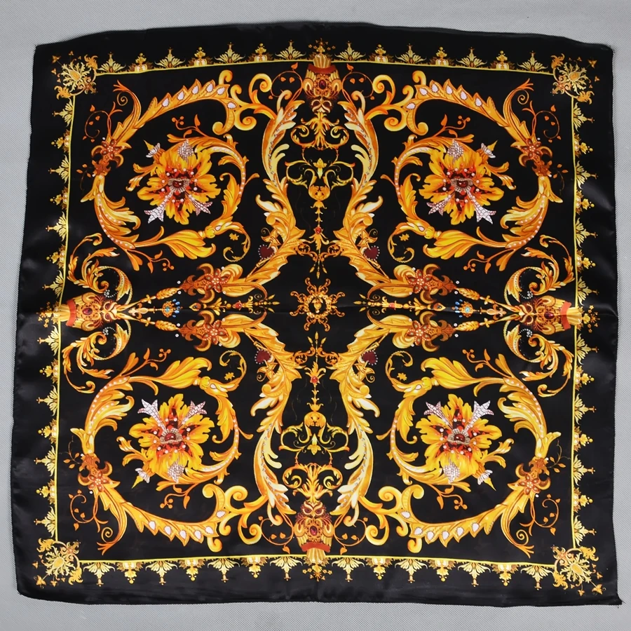[BYSIFA] Black Gold Small Square Scarves Printed Women Fashion Luxury 100% Natural Silk Scarf Elegant Ladies Neck Scarf 53*53 2