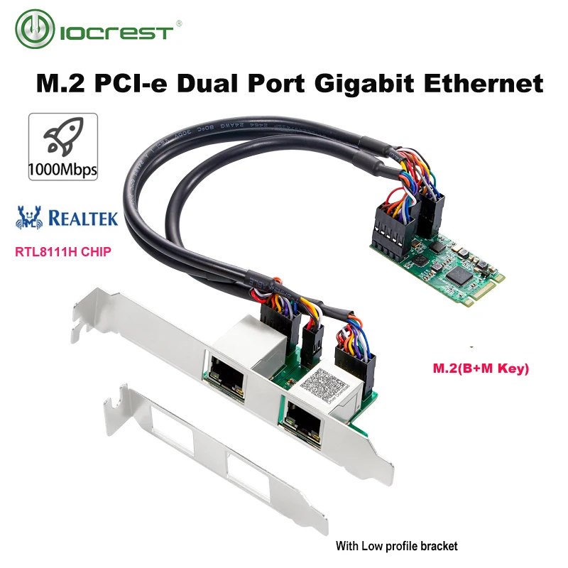 

Iocrest M.2 (B/M Key) pci-E Interface Dual Port Gigabit Ethernet Modules 1000Mbps 1G Nic Netwerkkaart Realtek RT8111H Chipset