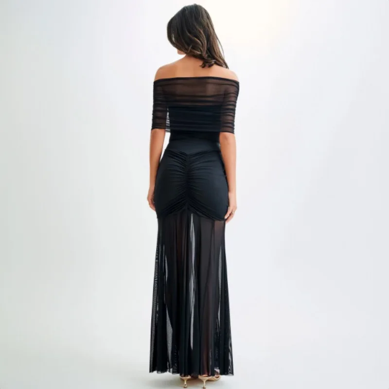 Autumn Mesh 2 Piece-Set Long Dress Women Off-Shoulder Pleated Elegant Bandeau Dress See-Through Female Maxi Dress Outfits