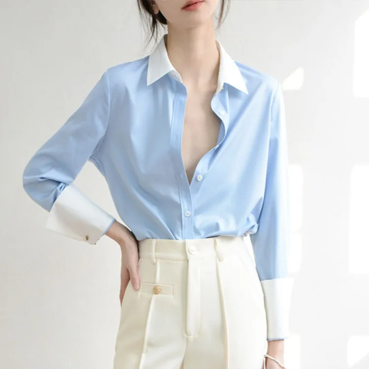 

Contrast Color Private Fashion TemperamenT Slightly Loose Long Sleeved New Blue Shirt Women's Design Feeling MiniMalist Top