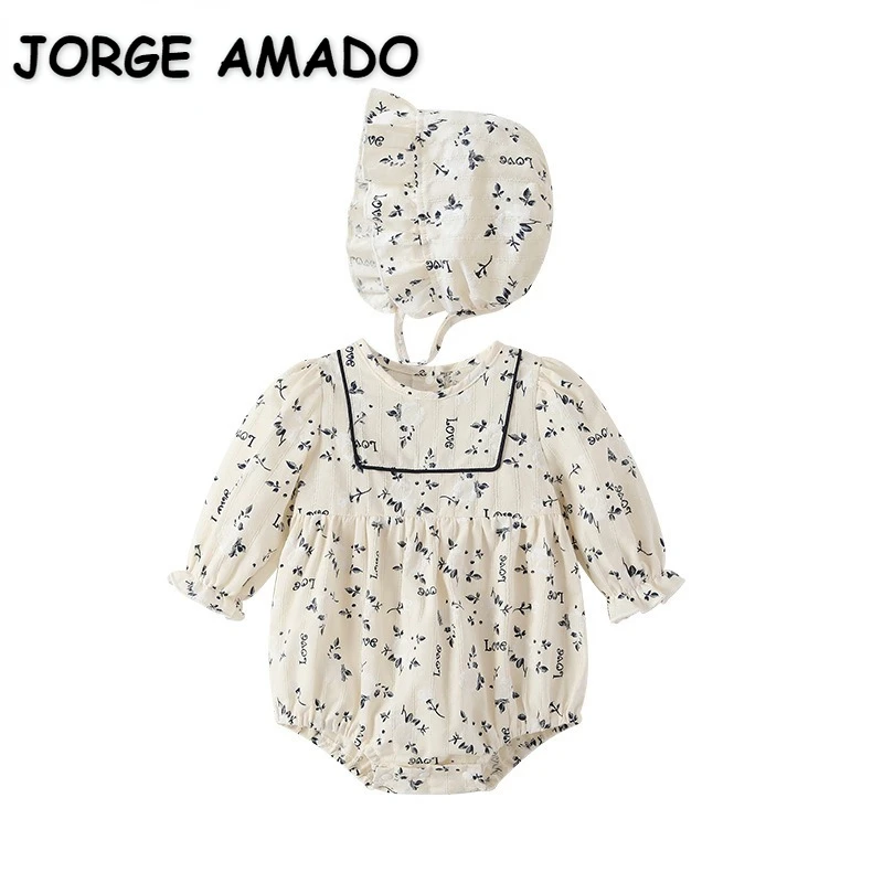 

Korean Style New Spring Autumn Baby Girls Bodysuit Long Sleeves Round Collar Floral Cotton Newborn Jumpsuit with Cap H2464