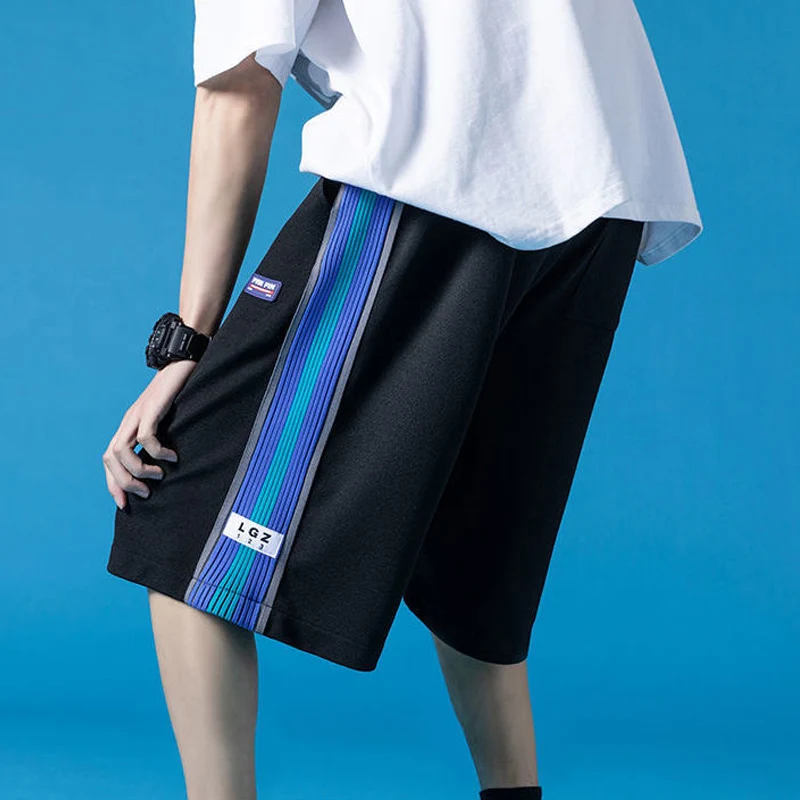 Casual Sports Basketball Man Waist Drawstring Loose Shorts New Summer Contrasting Colors Hong Kong Style Male Straight Pants