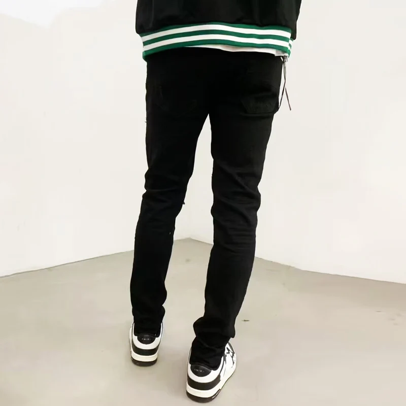 Street Fashion Men's Jeans Black Elastic Tight Split Jeans Men's Leather Panel Designer Hip Hop Brand Casual Pants Hombre