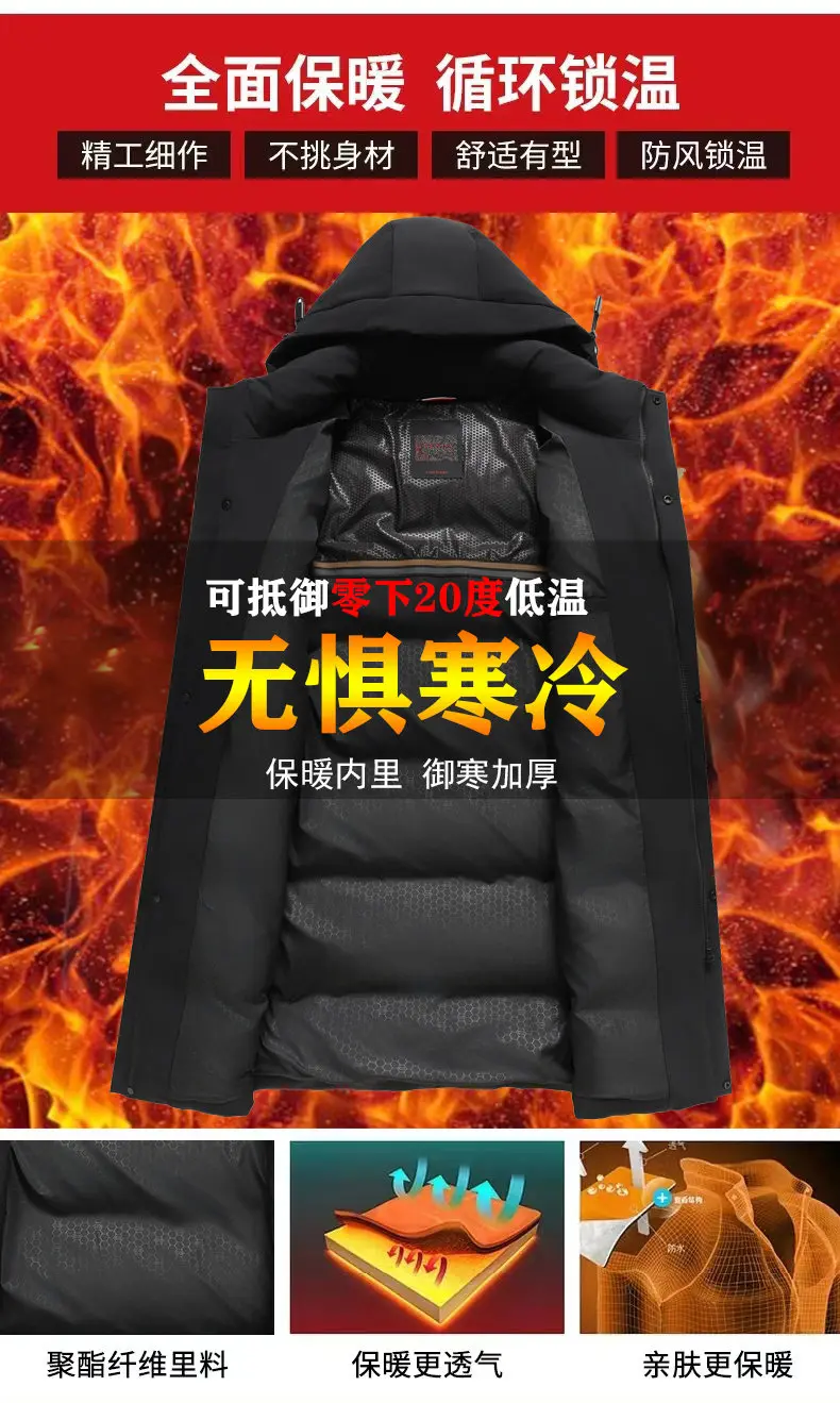 Lässige warme Entendaunenjacken für Herren mit Kapuze, 20225, Winter-Streetwear, solide, winddichte, mittellange Puffermantel, verdickte Parkas für den Außenbereich – Detail 4