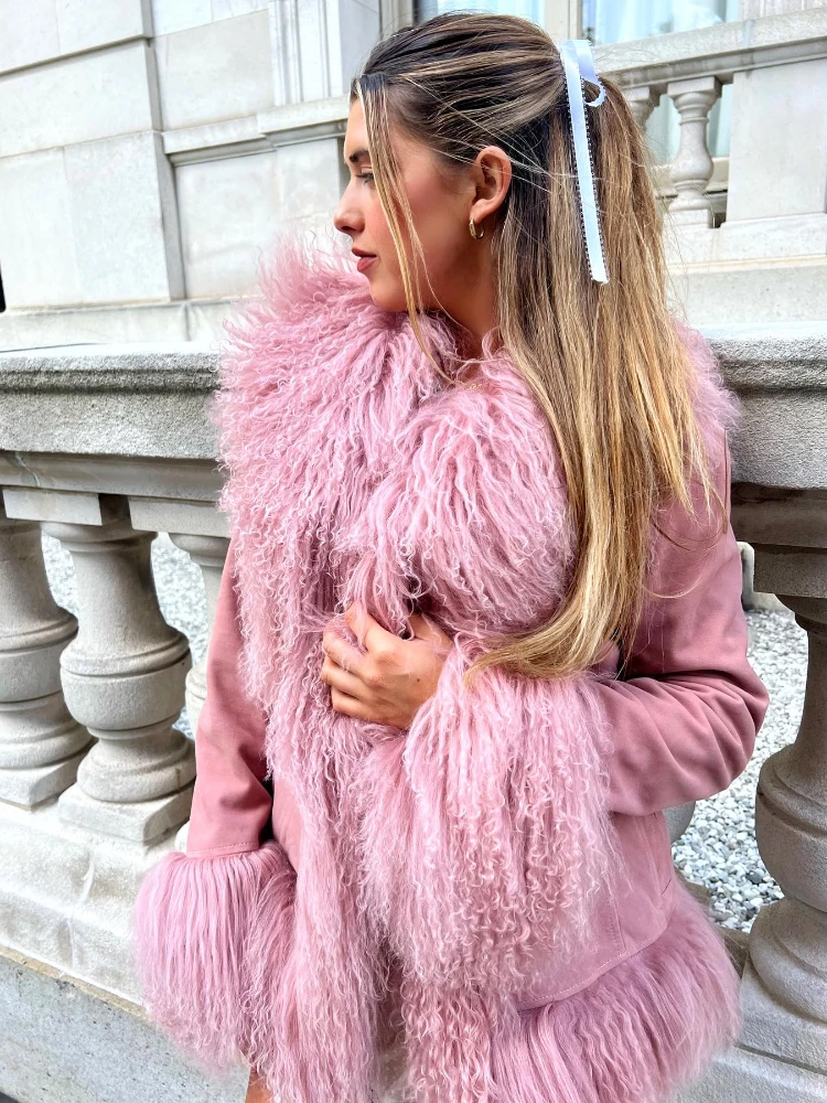 Long Pink Fake Sheepskin Coat RR2814 Faux Mongolian Fur Trim Coats