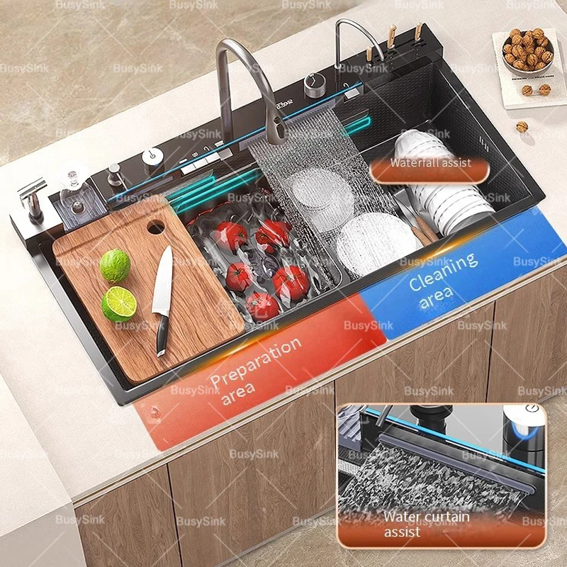 Stainless Steel Waterfall Kitchen Sink Digital Display Extra Large Single Bowl Multifunctional Household Vegetable Washing Sink 2