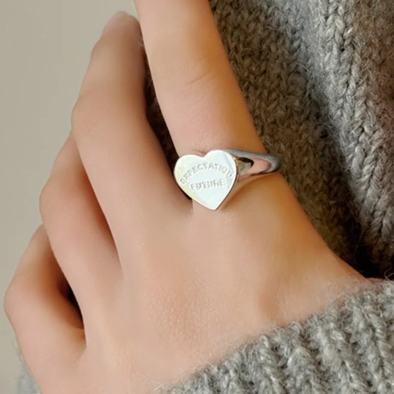 Silver Color Love Heart Letter Rings for Women Elegant Simple Smooth Ring Party Jewelry Gifts
