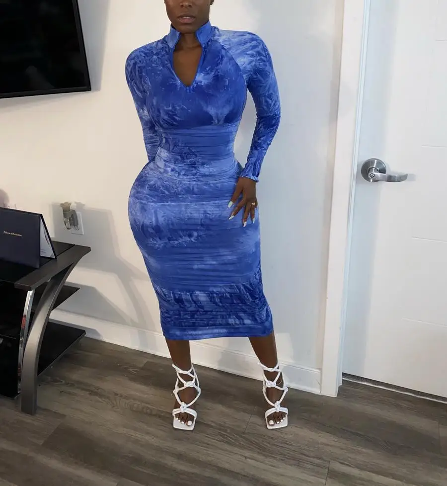 

Women's Long Sleeve Pencil Dress, Sexy Zipper Dress, High Collar, Casual Slim Dress, Winter Fashion Print