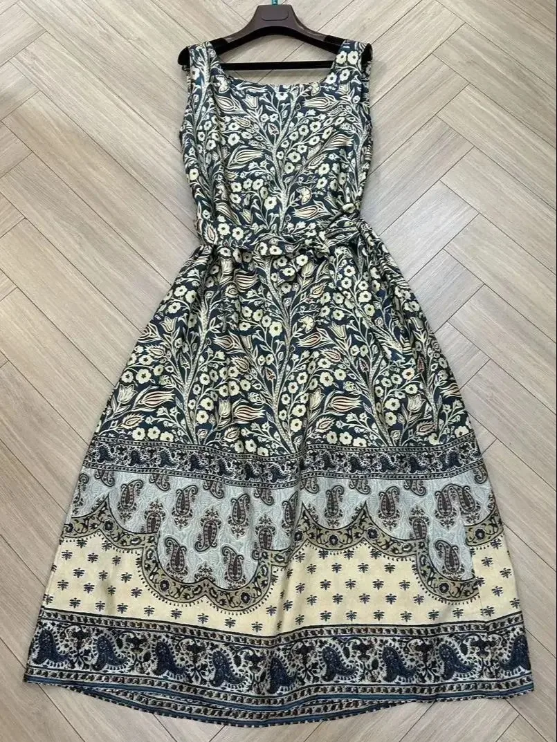 

Summer L * P Women's Dress High Quality Silk Printed Dress Card Shoulder Waistband Long Dress