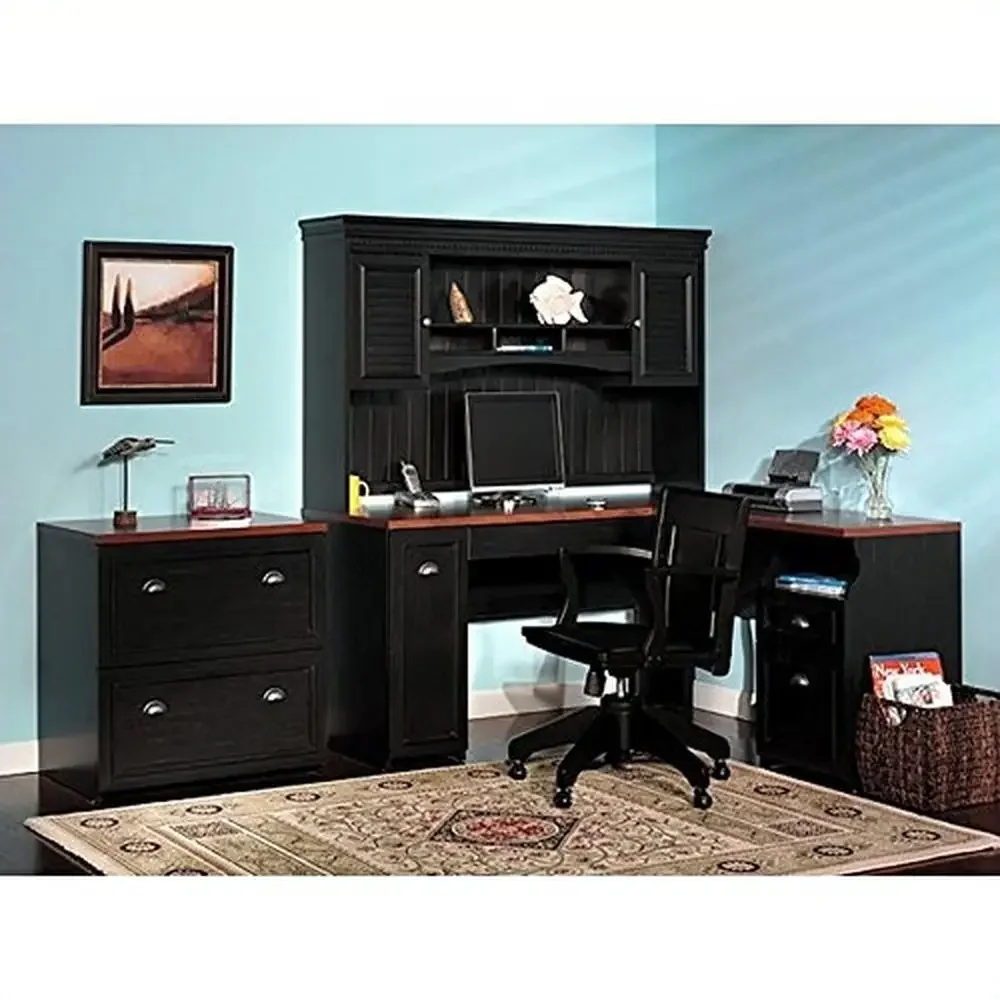 Fairview Black Wood L-Shaped Home Office Set Cottage Style Corner Desk 59.6" x 60.38" x 68.95" Wipe with Dry Cloth Assembly 2