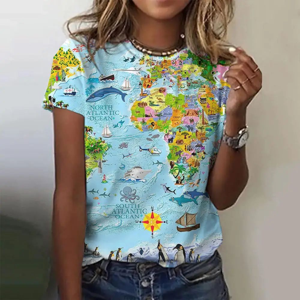 Weltkarte Muster Druck Damen T-Shirts Casual O-Ausschnitt Sommer lose kurze Ärmel T-Shirt 2024 lustige Frauen Kleidung Pullover – Detail 3