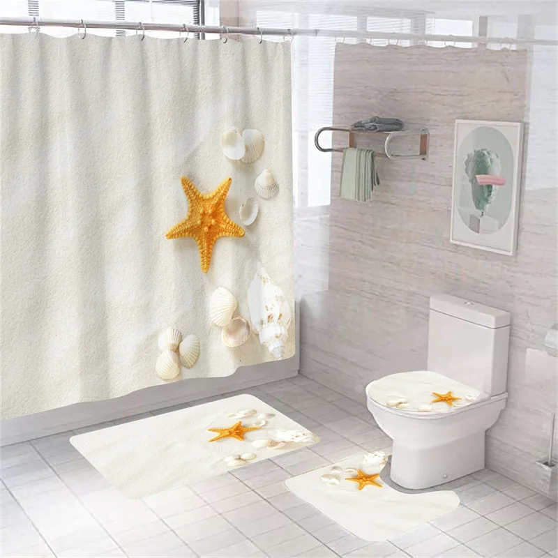 Print Shell Starfish Shower Curtains Ocean Beach New Bath Mat Set Waterproof Bath Curtain Polyester Anti-slip Carpet Toilet Rugs