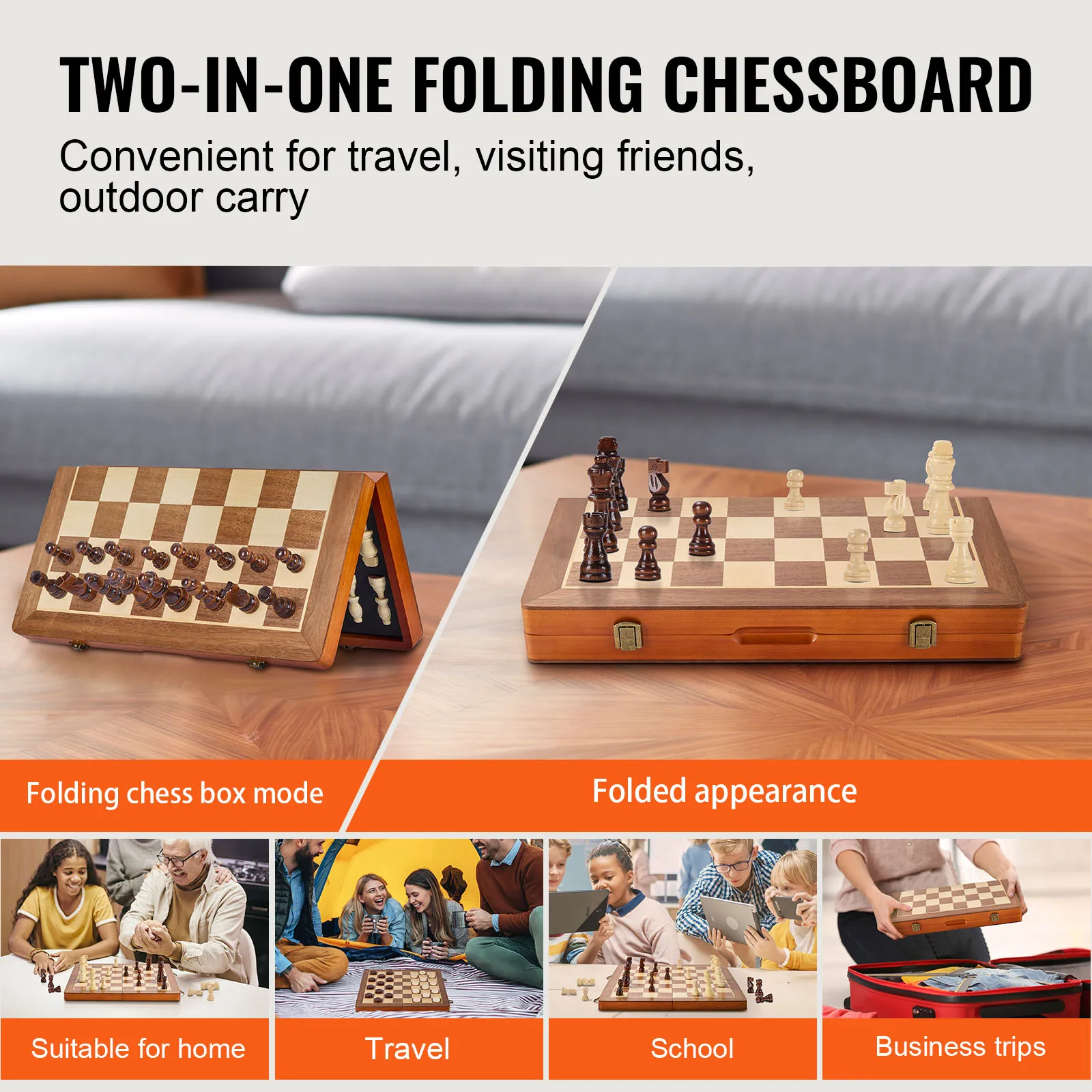 VEVOR 15inch Magnetic Wooden Chess Set 2-IN-1 Chess Checkers Game Set Folding Chess Board Games for Adults Kids 2 Queens Port 4