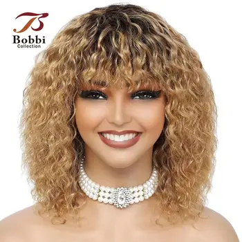 Parrucche Bobbi in Capelli Umani Ricci Effetto Acqua 100% Naturali Senza Colla con Frangia Liscia, Realizzate a Macchina per Donna, Biondo Miele
