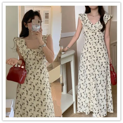 

ruffle floral chiffon dress a line vestidos de verano maxi beach elegant black midi korean kobieta sukienka 2024 Sleeveless jurk