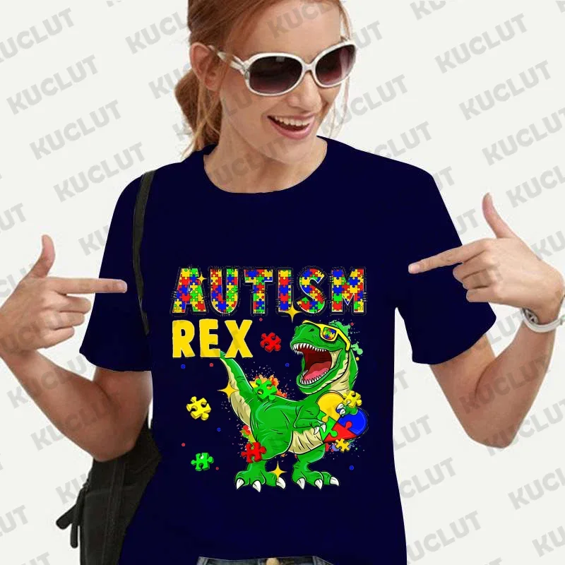 thumbnail image 1 of Camiseta de autismo Rex, camisetas del mes de concientización sobre el autismo, camisetas de dinosaurios, camisetas de manga corta rosa para mujer, camisetas unisex Y2k, ropa para mujer, 1 of 5