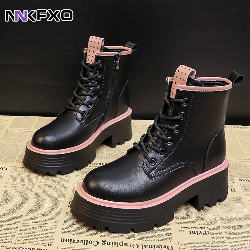 

Women Chunky Platform Combat Boots Autumn Winter PU Leather Ankle Boots Women Punk Thick Bottom Non Slip Motorcycle Boots QB112