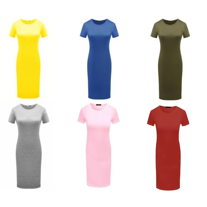 

Womens Short Sleeve Knee Length Casual Bodycon Midi Long for T Shirt Dress Plain Solid Color Round Neck Pencil Sundress 10CF