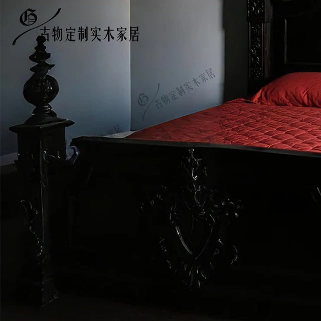 Neoclassical black retro bed/French light luxury solid wood double bed/Chinese carved bed/master bedroom wedding bed/custom 4 Neoclassical black retro bed/French light luxury solid wood double bed/Chinese carved bed/master bedroom wedding bed/custom 4