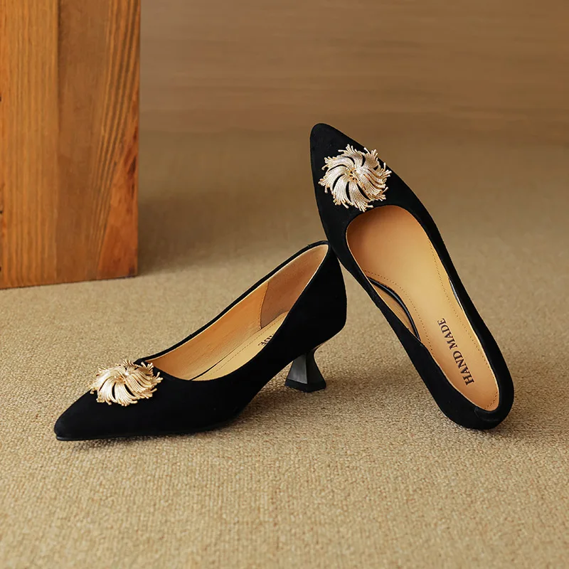 

Phoentin sexy pointed toe 5cm mid heels shoes 2024 new retro sheep suede pumps elegant women party shoes plus size 41 FT3457
