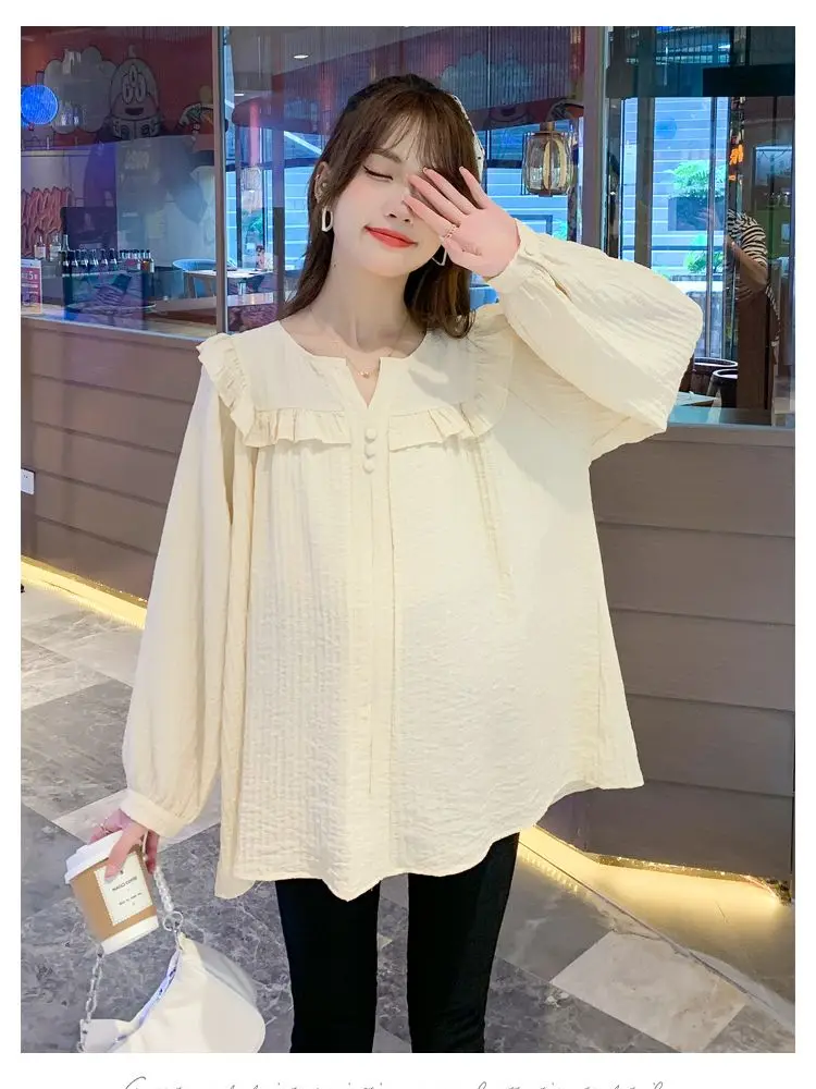 

Ruffles V-neck Long Lantern Sleeve Maternity Shirts 2023 Autumn Pregnant Woman Blouses Plus Size Pregnancy Pleated Shirt Sweet