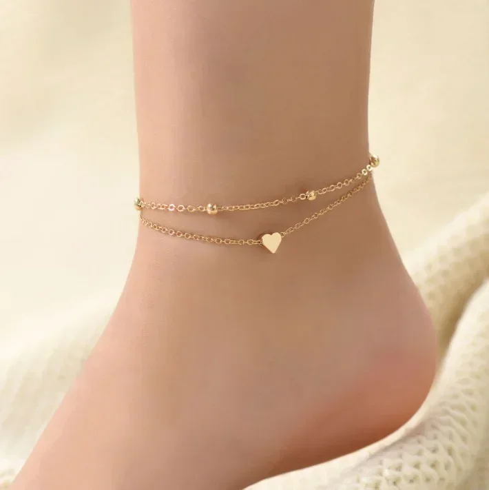 Silver anklet bracelet Bead bracelet Beads anklet Ankle chains Delysia King Women Summer Round Bead Chain Love Anklet Simplicity Temperament Double-deck Holidays Fashion Accessories